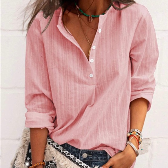 Tops - NEW Pink Casual V neck long sleeve shirt